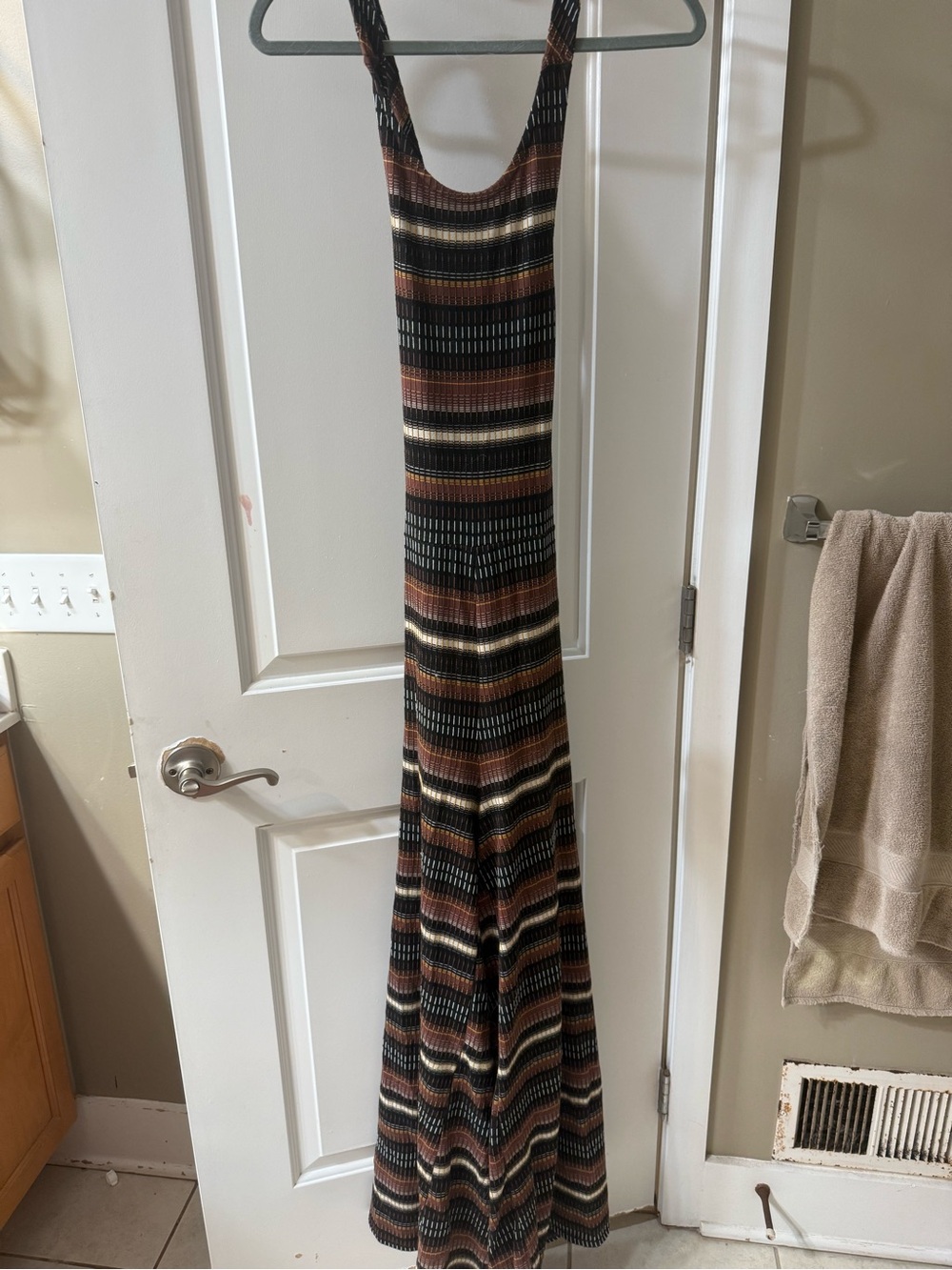 Striped Knit Maxi Dress in Black, Brown & Cream jumpsuit open back